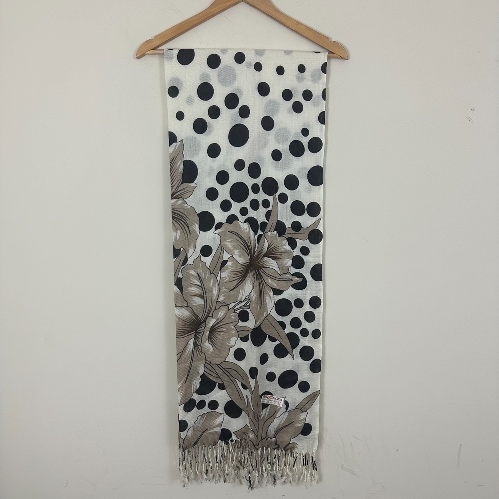 Pashmina Scarf Black White Lily Floral Dot Silk Cashmere Fringe Shawl Wrap